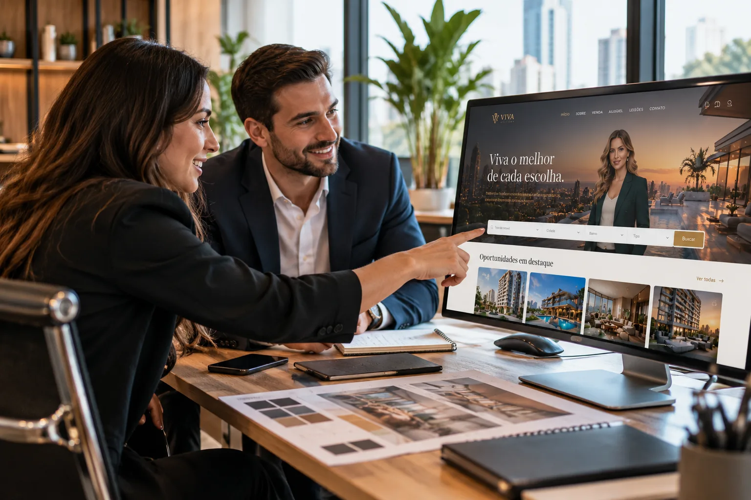 Corretora aponta para um site imobiliário aberto no monitor enquanto conversa com o colega em um escritório moderno