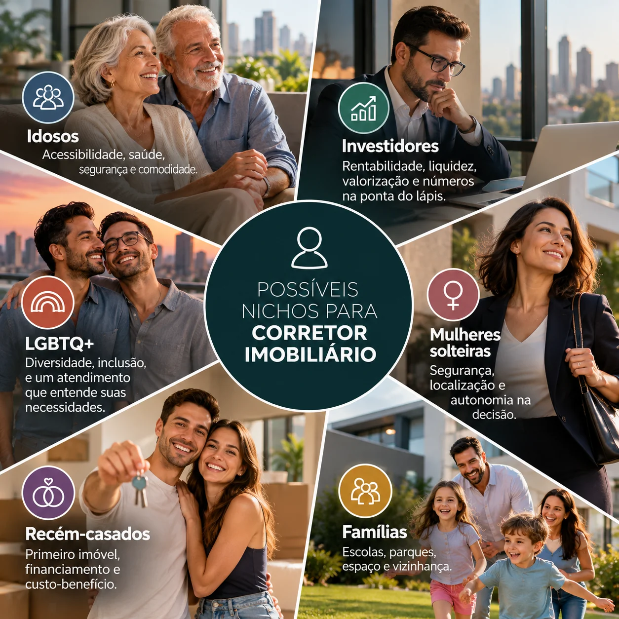 Possíveis nichos para corretor imobiliário: idosos, investidores, LGBTQ+, mulheres solteiras, recém-casados e famílias